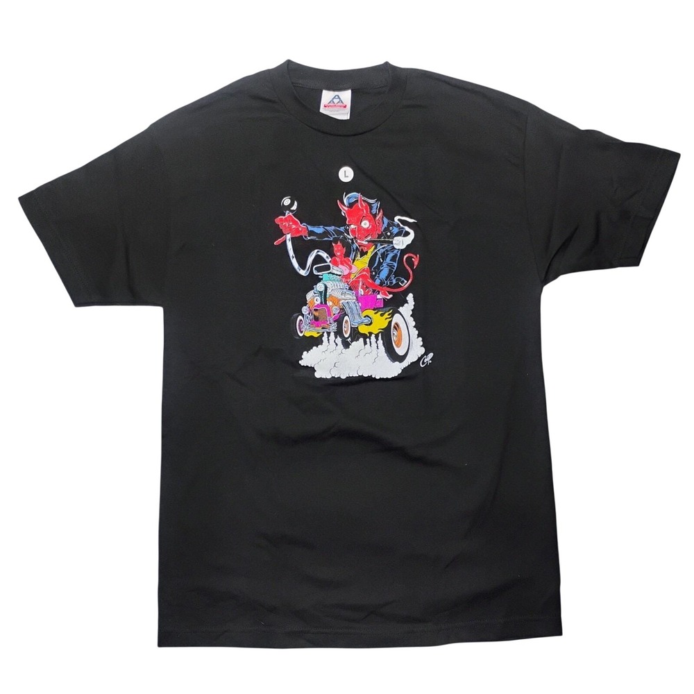 Coop Art Devil Riding Trike T-Shirt Black Tshirt SZ L Hot Rod Bike VTG 90's nos